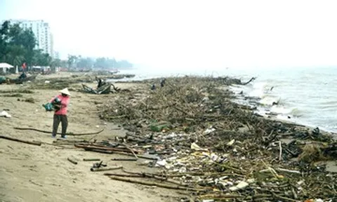 Rác thải trôi dạt phủ kín bãi biển Sầm Sơn sau mưa lũ