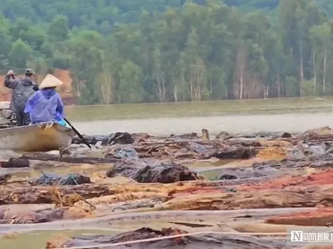 VIDEO: “Mót” củi giữa lòng hồ thủy điện sau lũ